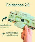 Hands On Explorer Kit Green Metal Microscope Set With Three Lenses 50X 140X 340X LED Light Source Battery Powered Smartphone Compatible Achromatic Objective Lens Ideal For Home Science Experiments And School Projects For Curious Kids, Foldscope 2.0