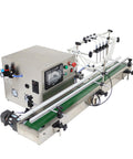 Zero Fuss Automatic Desktop 4 Head Liquid Filling Machine With Digital Controls And Rock Solid Stainless Steel Frame For Slick Dosing Of Drinks Beauty Products And Syrups 110V with green conveyor and control panel.