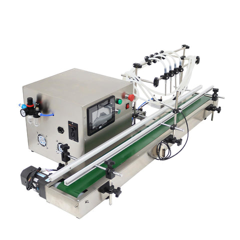 Zero Fuss Automatic Desktop 4 Head Liquid Filling Machine With Digital Controls And Rock Solid Stainless Steel Frame For Slick Dosing Of Drinks Beauty Products And Syrups 110V with green conveyor and control panel.