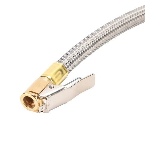 Two Piece Heavy Duty Tire Inflator Hose Adapter With 13 Inch Stainless Steel Extension For Cars And Bikes Reaches Tight Valve Spots Easy With M8 Thread Secures Air Pump Flow Avoids Leaks Helps Maintain Pressure High On The Road Anytime You Drive, braided hose clip end