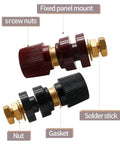 Solid 1/4 Inch Copper Battery Terminal Studs In Red And Black, Heavy Duty Cable Connectors For Your Ride, detailed angle with nut and gasket.