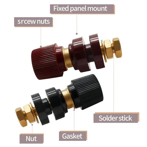 Solid 1/4 Inch Copper Battery Terminal Studs In Red And Black, Heavy Duty Cable Connectors For Your Ride, detailed angle with nut and gasket.