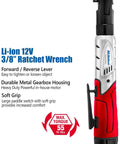 Workhorse 12V Cordless Ratchet Wrench Kit with Three Eighths Inch Drive 57 ft lbs Torque showing forward reverse lever.