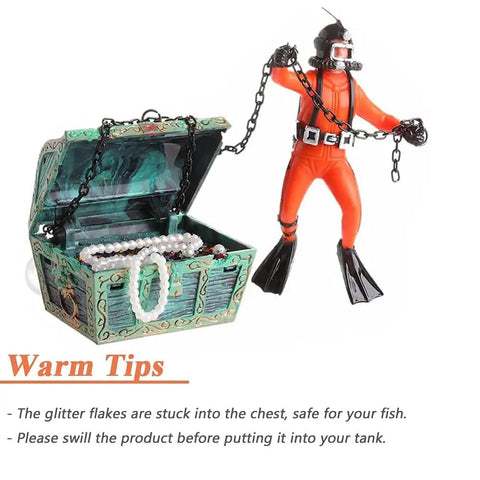 Live Action Undersea Treasure Chest Aquarium Ornament With Diver Air Bubbler For Aerating Your Fish Tank Durable Orange Resin Decoration