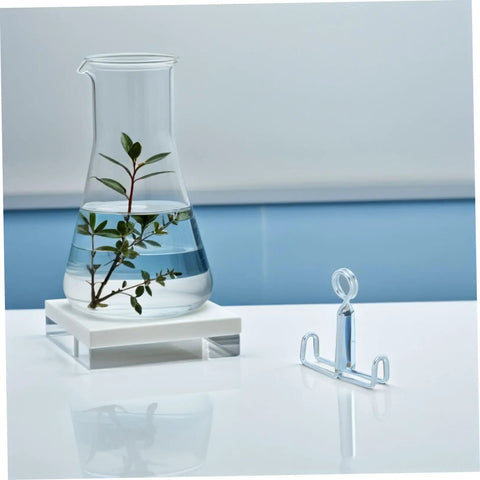 Glass beaker with plant and Laboratory Adjustable Rubber Hose Clamps 25 Pack Flow Control Tube Clips on a lab table.