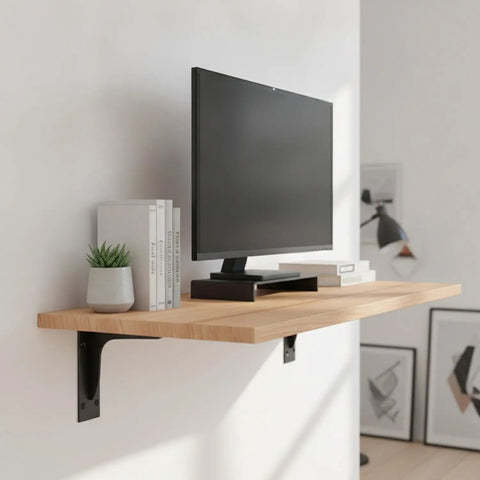 Heavy Duty Triangular Wall Bracket For Floating Desks And Shelves In Black Or White Finish Built With Q235 Steel For Rock Solid Support Of Monitors Books And Gear Easy Wall Mount 1 Pack supporting a wooden shelf with monitor