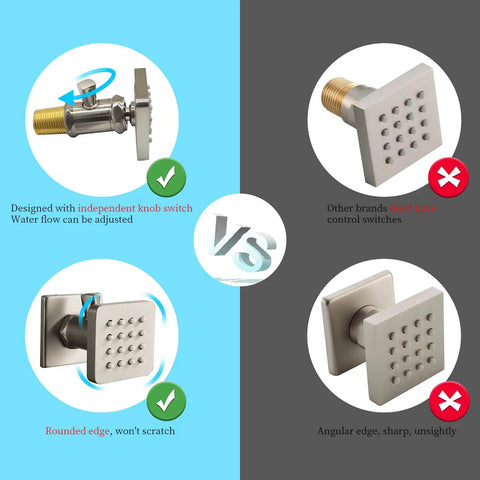 Comparison of solid brass shower body spray massage nozzles with adjustable flow and swivel neck versus standard models.