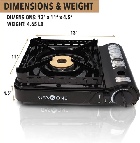 15,000 BTU Dual Fuel Portable Camp Stove With Carry Case For Propane Or Butane Piezo Ignition Includes 4 Butane Cans Patented Design dimensions