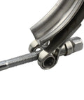 Close-up of 3 Inch Stainless Steel V Band Clamp with flange male and female ends for performance exhaust systems, downpipes, catbacks.