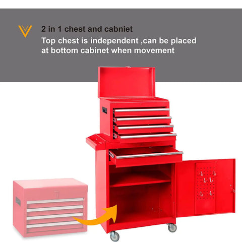 Detachable 3 Drawer Tool Chest With Large Storage Cabinet And Adjustable Shelf Heavy Duty Red Black Rollin Garage Workshop Organizer