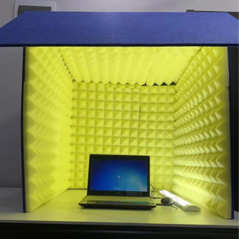 Clean Up Your Desk Setup With This Portable Soundproof Cubicle Wall Featuring Dense Acoustic Foam Panels To Eliminate Room Echoes And Background Hiss For Straight Fire Vocals And Podcast Tracks Anywhere, showing a laptop inside a compact vocal booth.
