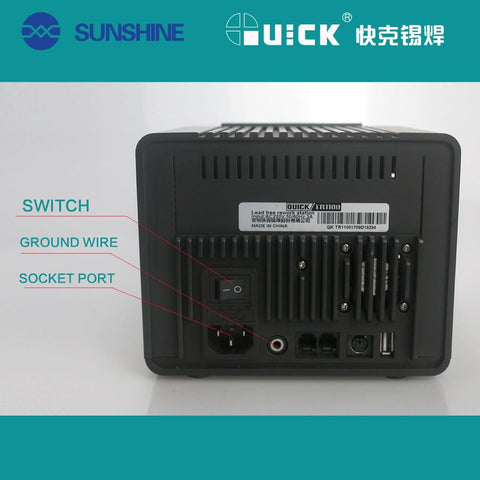 Back view of 200W Hot Air Soldering Station for SMD Rework with switch, ground wire, and socket port
