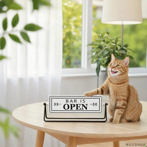 Smooth Flipping Open Closed Sign, Handmade Metal Counter Decor For Your Cozy Home Bar Or Office Coffee Spot With Black Stand And Embossed Lettering Straight Up Real Deal on a table with a cat.