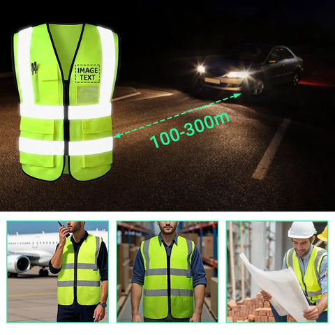 Heavy-Duty Hi-Vis Safety Vest With Pockets And Zipper, Custom Reflective Workwear For Tradesmen And Job Sites, Lightweight Polyester Class 2 Vest, shown in vibrant neon yellow with reflective stripes.
