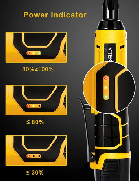 Cordless Three Eighths Inch Ratchet Wrench 16.8V Power Tool With 40 Ft-Lbs Torque At 400 RPM, battery power indicators shown