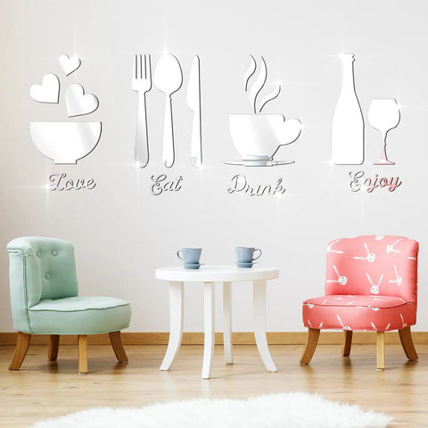 17 Piece Kitchen Wall Decor Acrylic Mirror Wall Stickers Set with Eat Drink Love Utensil Motifs on living room wall
