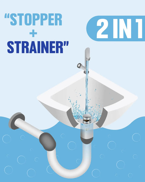 Illustration of the No Nonsense 2 In 1 Sink Stopper And Hair Catcher showing water flow in a bathroom sink.