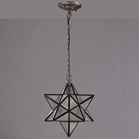 Moravian Star Tiffany Style Stained Glass Ceiling Pendant Lamp with 12 inch lampshade and 51 inch tall iridescent glass