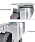 Heavy Duty Swivel Caster Wheels Featuring Conductive Rubber Treads For Ultra Quiet Smooth Cruising On Carts Shelves And Equipment showing stainless steel plate and floor reinforcement.