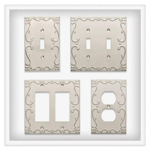 Classic Lace Three Pack Brushed Nickel Outlet Covers For 1 Gang Wall Plate Duplex Switch Plates Victorian Style Electrical Covers W35071V-SN-C Durable Easy Fit Satin Nickel Finish, showing four plate variations with lace detail.
