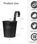Product dimensions and features of black 5 Pack 4 Inch Hanging Flower Pots Metal Dope Planters For Railing Fence Balcony And Garden Outdoor Decor With Detachable Hooks Ideal For Herb And Flower Gardens In Black