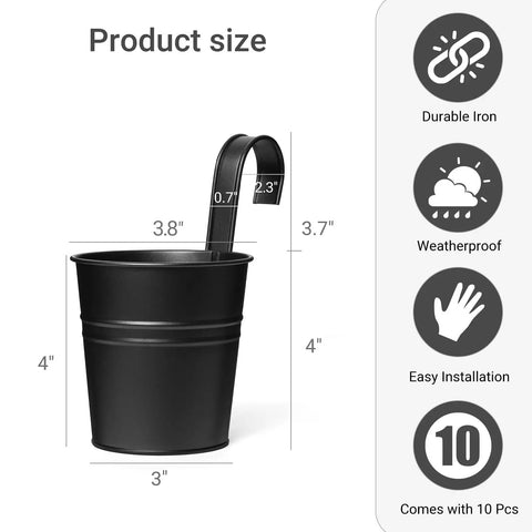 Product dimensions and features of black 5 Pack 4 Inch Hanging Flower Pots Metal Dope Planters For Railing Fence Balcony And Garden Outdoor Decor With Detachable Hooks Ideal For Herb And Flower Gardens In Black