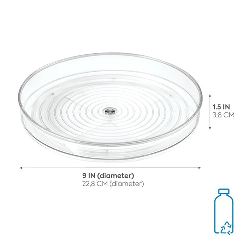 9-Inch Lazy Susan Organizer for Cabinets and Pantries, Grab-And-Go Turntable With One-Hand Access, clear, labeled dimensions