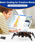 Programmable Bionic Spider Robot Kit For Kids 8 12 Teens And Adults, Cool DIY Robotics Building Toy With Walking Crawling Bots, App Remote Control, ESP8266 Control Board, STEM Science Kit Gift. Child using coding laptop with spider robot kit
