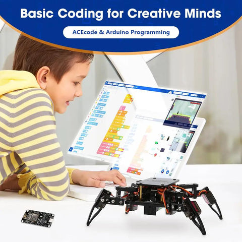 Programmable Bionic Spider Robot Kit For Kids 8 12 Teens And Adults, Cool DIY Robotics Building Toy With Walking Crawling Bots, App Remote Control, ESP8266 Control Board, STEM Science Kit Gift. Child using coding laptop with spider robot kit
