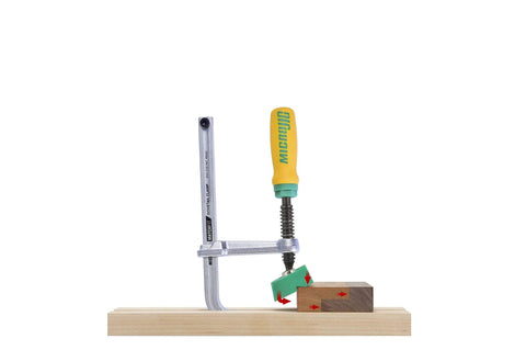 Matchfit Dovetail Clamp With X Pad Game-Changing Workholding System for Woodworking Jigs and Fixtures shown on a wooden setup