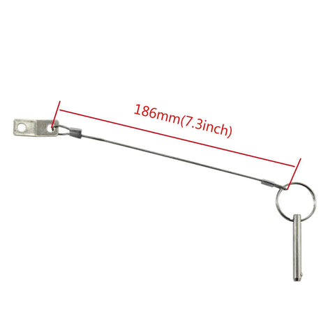 Set Of 4 Beefy Quick Release Pins One Quarter Inch Stainless Steel 316, Two Inch Total Length showing full pin with wire cable