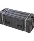 Road Ready Drum Hardware Case With Wheels And Telescoping Handle Featuring Hella Durable Roto Molded Polyethylene Construction Secure Cinch Straps For Stands Pedals And Gear Hauling Black, viewed from side angle.