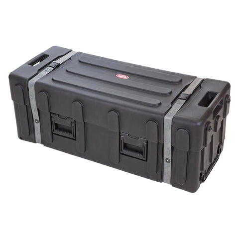 Road Ready Drum Hardware Case With Wheels And Telescoping Handle Featuring Hella Durable Roto Molded Polyethylene Construction Secure Cinch Straps For Stands Pedals And Gear Hauling Black, viewed from side angle.