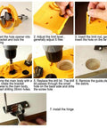 Yellow plastic hinge boring jig with drill guide and bracket for 35mm cabinet hinge holes; step-by-step installation.