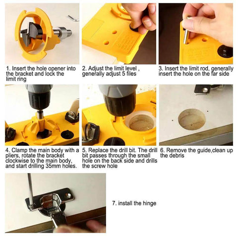 Yellow plastic hinge boring jig with drill guide and bracket for 35mm cabinet hinge holes; step-by-step installation.