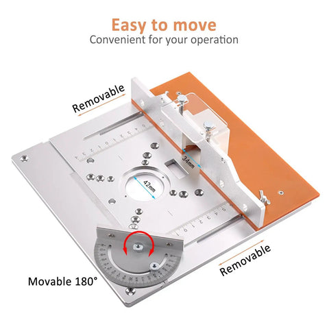 Pro Grade Aluminum Router Table Insert Plate Kit With Slick Sliding Fence Setup and Dependable Miter Gauge Track For No Sweat Benchtop Woodworking Builds, showing adjustable movable components.