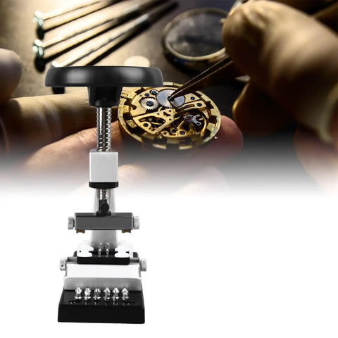 Pro Grade Watch Case Back Opener Bench Tool With Metal Base Adjustable Fixture And 12 Chucks for oyster cases shown with watch gears