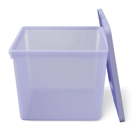 Purple 18 Gallon Plastic Storage Bin With Snug Snap Lid, Hella Spacious Stackable Tote For Seasonal Threads, Holiday Gear, And Dorm Room Stashing, Quick Wipe Down Space Saving Crate, open view with lid beside