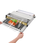 No Sweat 18 Inch Hand Wrapping Machine Heavy Duty Countertop Cling Film Packaging Sealer with adjustable heat controls in use.