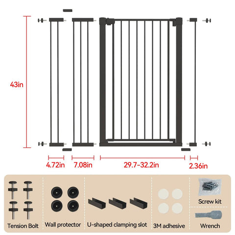 Extra Wide Adjustable Dog Gate For Doorways Built Tough Metal Pet Barrier features dimensions 43in height, adjustable width, includes installation kit.