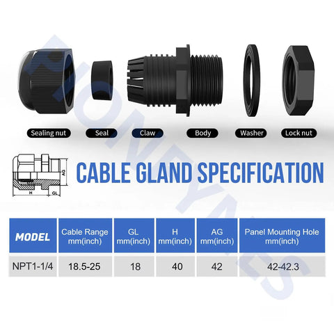 2 Pack One And A Quarter Inch NPT Cable Glands Waterproof Adjustable Nylon With Gaskets IP68 Rated Outdoor Cable Gland Joints For Conduits And Electrical Boxes 18.5 To 25 Millimeters, exploded view