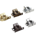 Premium 10 Pack Cabinet Latches For Automatic Sliding Door Stops in red bronze, gold, and silver finishes, ideal for kitchens.