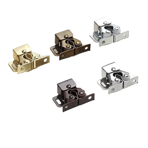 Premium 10 Pack Cabinet Latches For Automatic Sliding Door Stops in red bronze, gold, and silver finishes, ideal for kitchens.