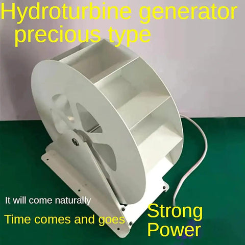 Water Turbine Generator Kit For Your DIY Home Power Production showing white low speed disc type hydroelectric generator with water wheel.