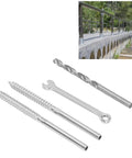 Stainless Steel Cable Railing Kit With Swage Lag Screws, Wrench And Drill Bit displayed on white background, outdoor railing inset