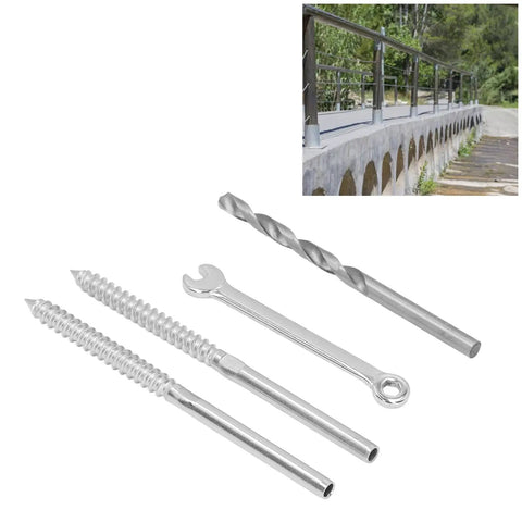 Stainless Steel Cable Railing Kit With Swage Lag Screws, Wrench And Drill Bit displayed on white background, outdoor railing inset