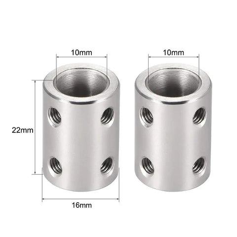 10mm To 10mm Stainless Steel Rigid Shaft Coupling With Set Screw 22mm Long 16mm Outer Diameter Beefy Clamp Connector For 3D Printers Stepper Motors CNC Machines DIY Robots 2 Pack, showing detailed dimensions and holes for set screws.