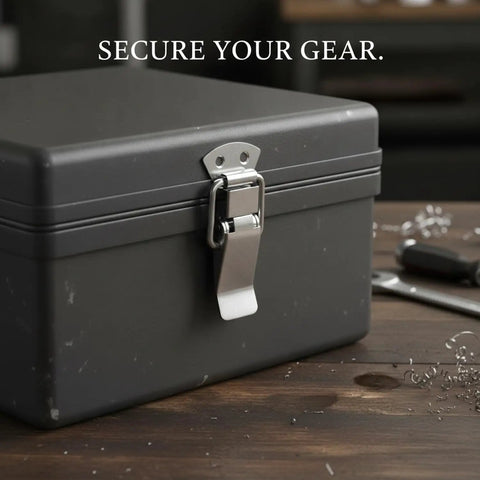 Stainless Steel Spring Latch With Quick Action Draw Catch For Toolboxes And Cases on a gray metal box