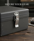 Stainless Steel Spring Latch With Spring-Loaded Closure on a grey toolbox, ensuring secure fastening and durability in tough conditions.