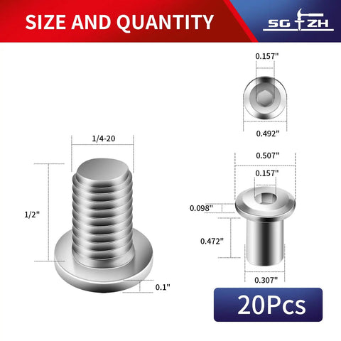 1/4 20 X 1/2 Flat Head Hex Socket Cap Screw And Bolt Pack With Hex Wrench Solid 304 Stainless Steel Hardware dimensions and quantity.